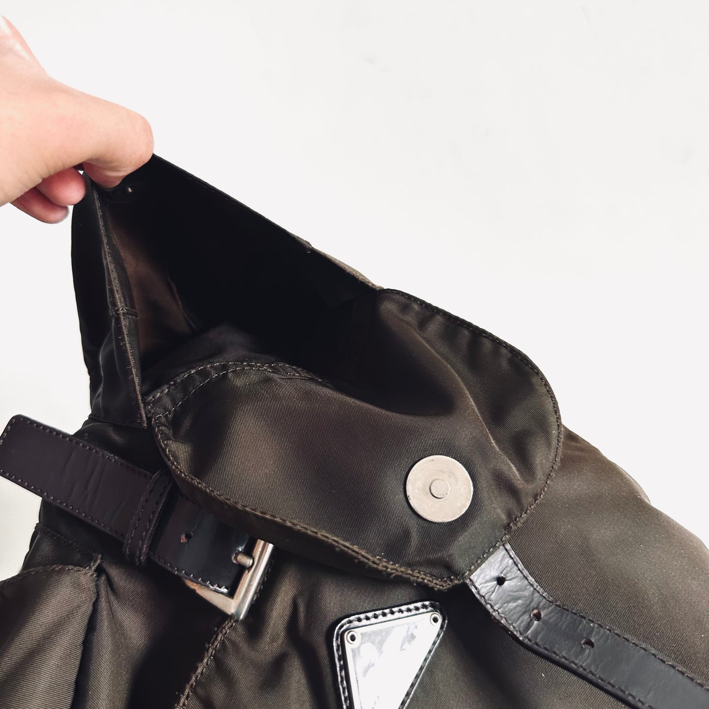 Prada Ebano Khaki Vela Classic Logo Nylon & Leather Backpack Drawstring Bag