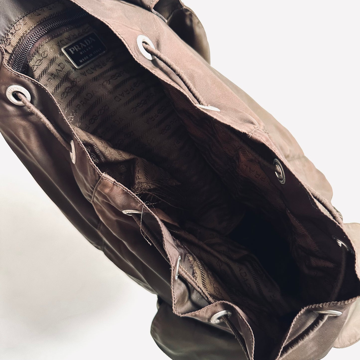 Prada Ebano Khaki Vela Classic Logo Nylon & Leather Backpack Drawstring Bag