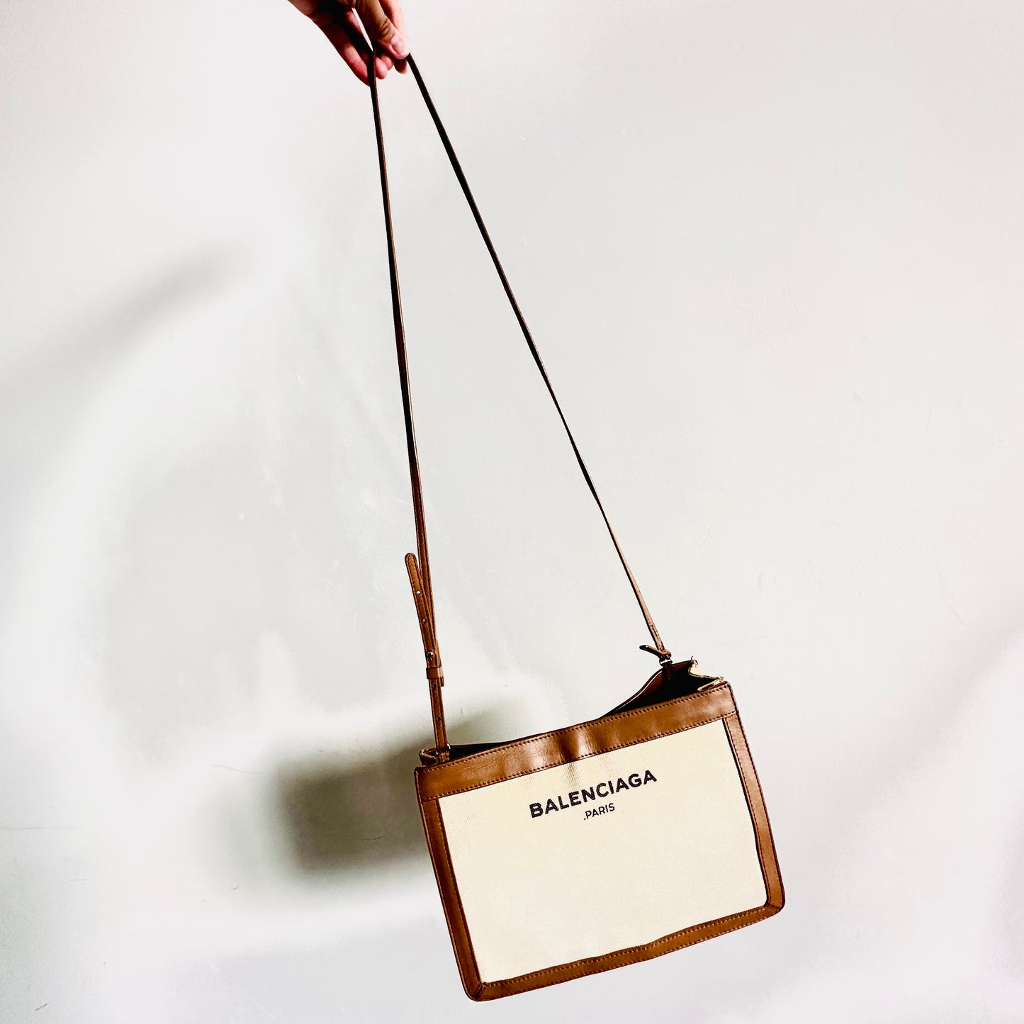 Balenciaga Cabas AJ Caramel Brown / White Logo Small Pochette Clutch Shoulder Sling Bag
