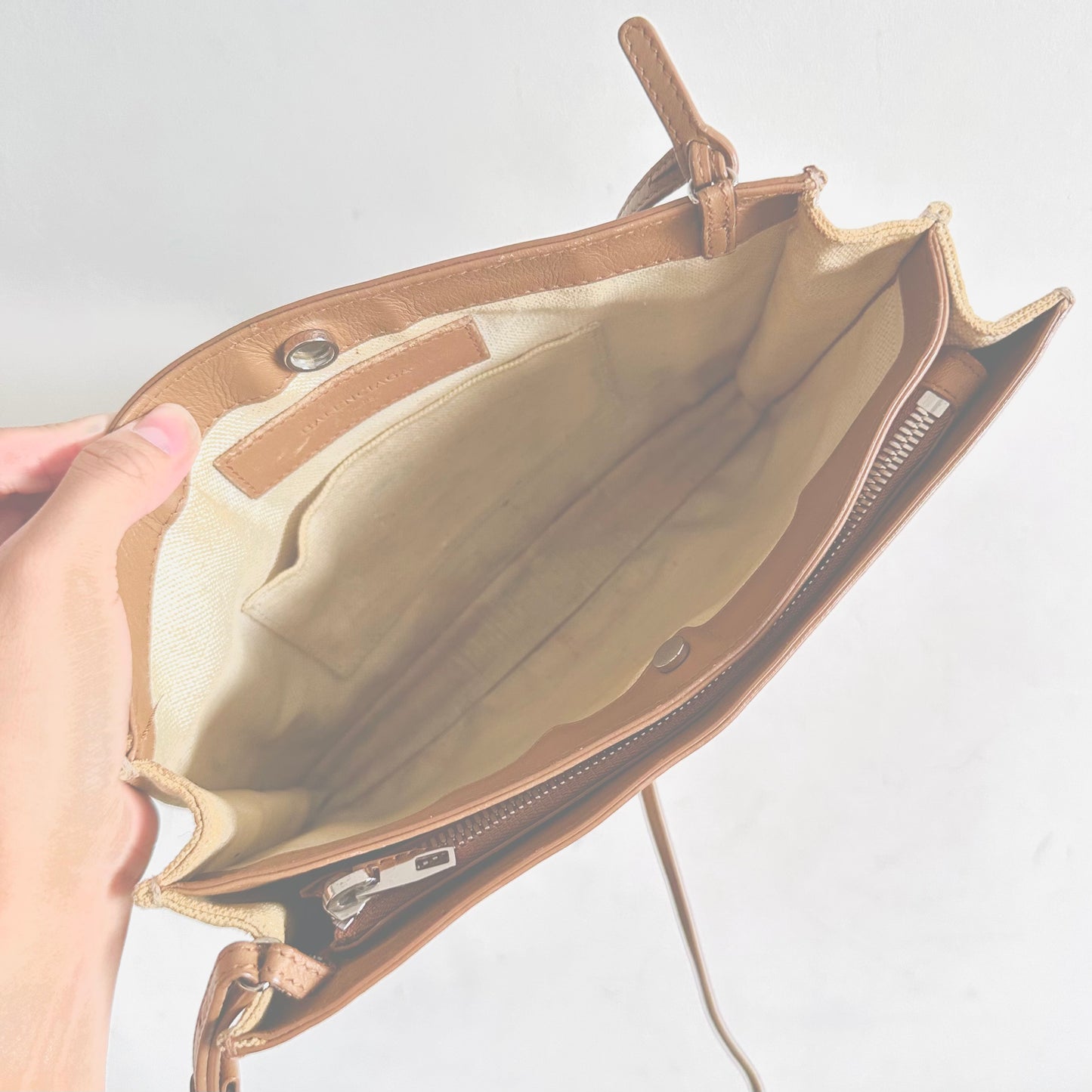 Balenciaga Cabas AJ Caramel Brown / White Logo Small Pochette Clutch Shoulder Sling Bag