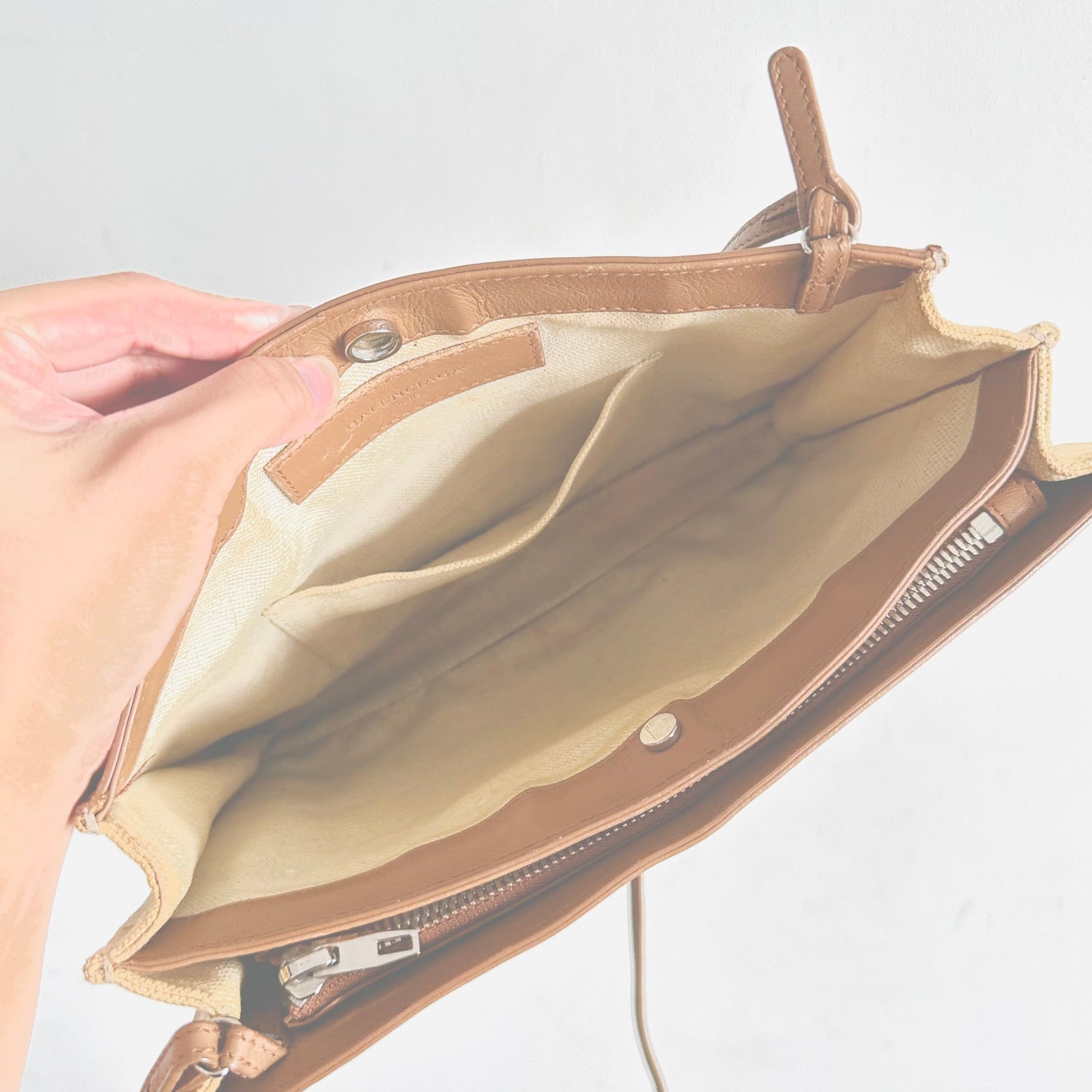 Balenciaga Cabas AJ Caramel Brown / White Logo Small Pochette Clutch Shoulder Sling Bag