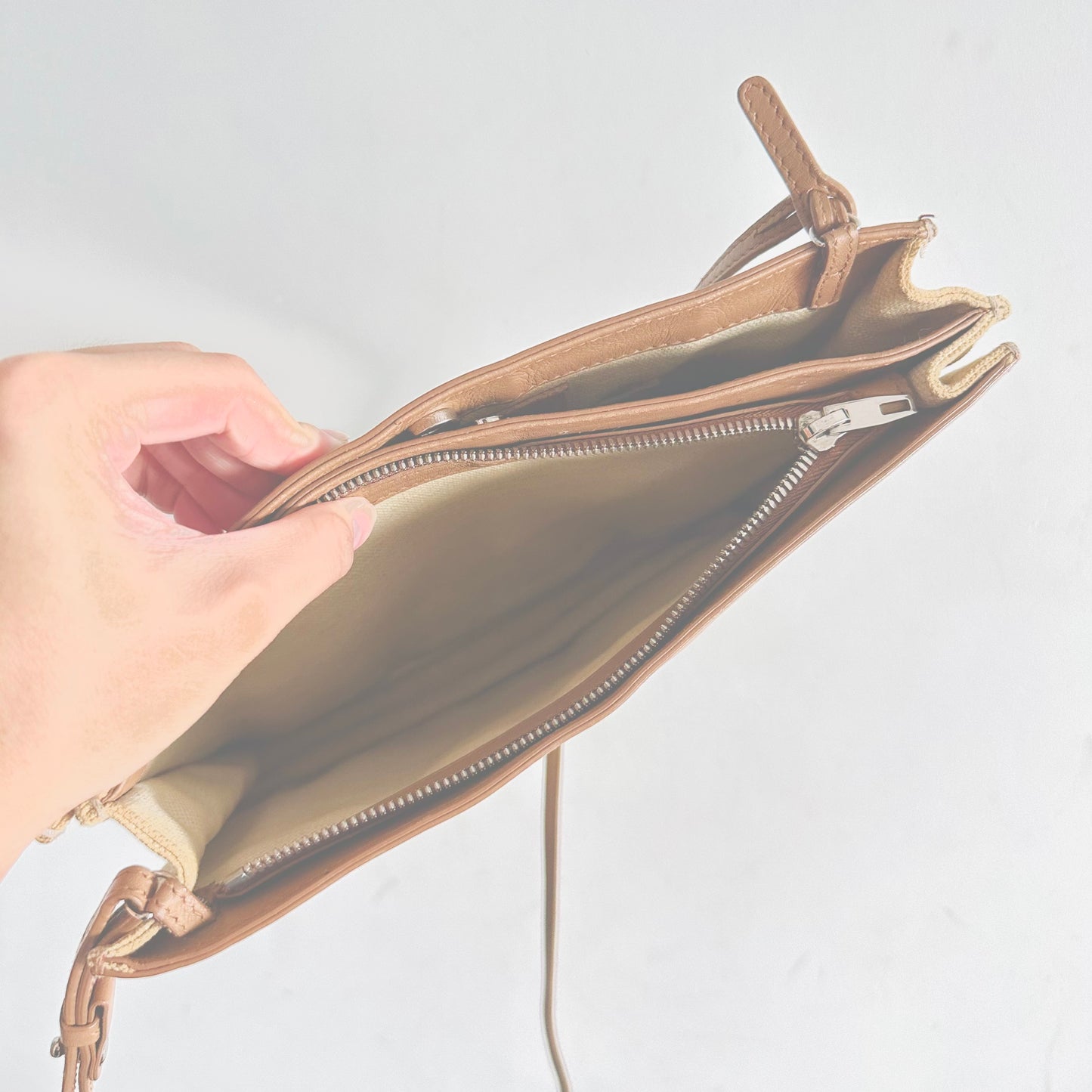 Balenciaga Cabas AJ Caramel Brown / White Logo Small Pochette Clutch Shoulder Sling Bag