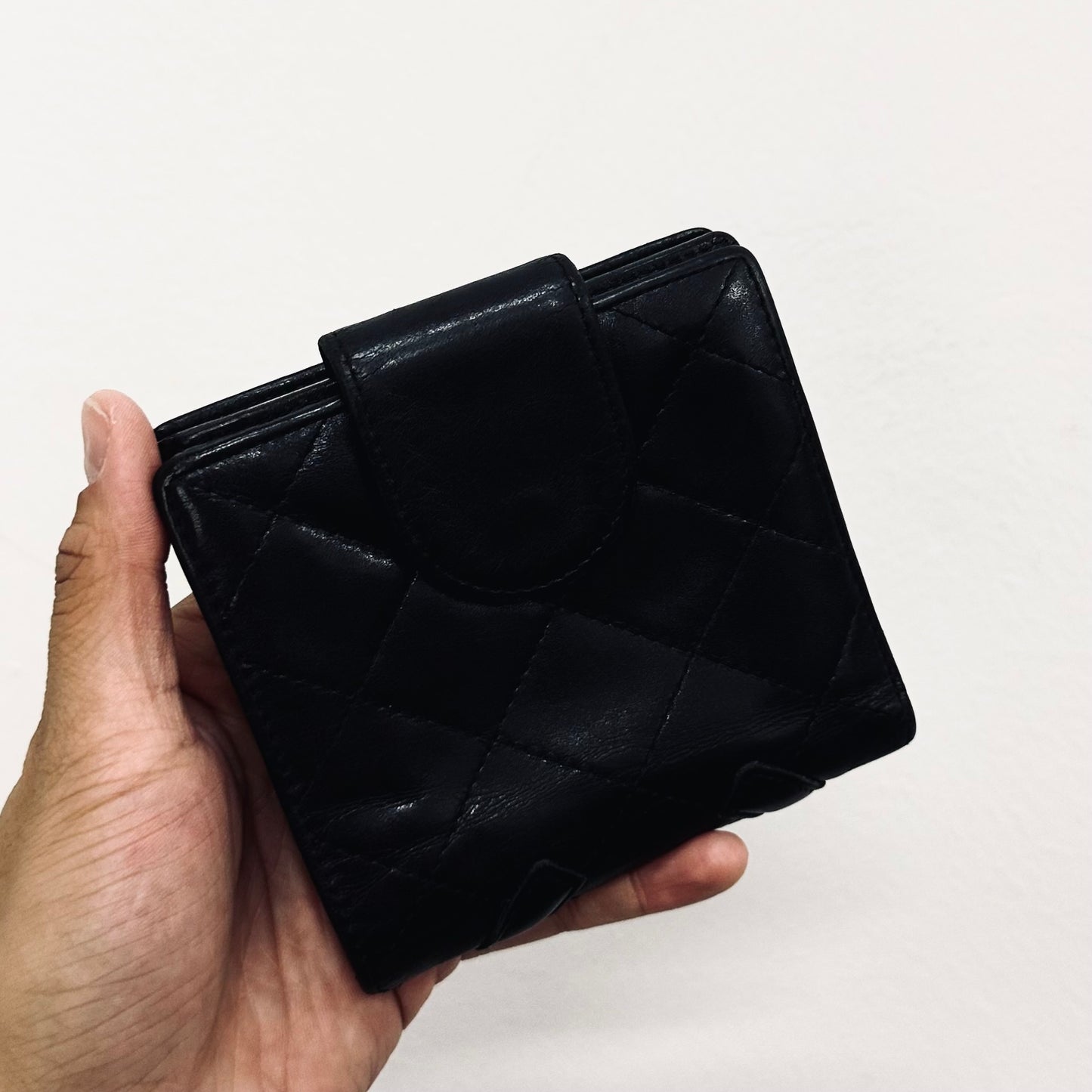 Chanel Cambon Black Giant CC Logo Lambskin Bifold Flap Compact Wallet 9s