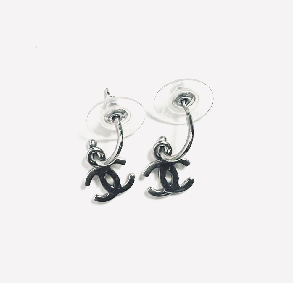 Chanel Classic CC Logo Silver Dangling Stud Vintage Earrings