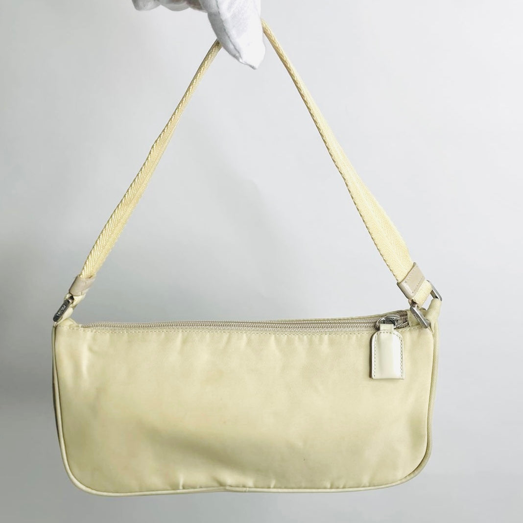 Prada Cream Ivory Tessuto Monogram Logo Nylon Hobo Baguette Pochette Shoulder Bag