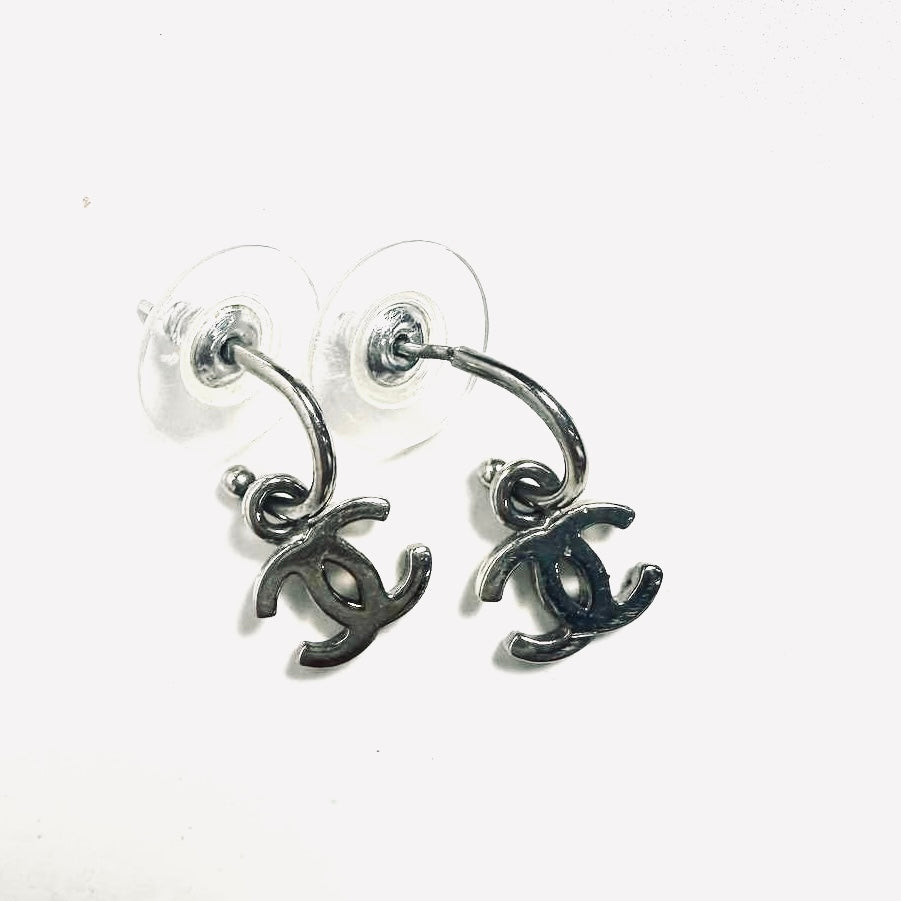 Chanel Classic CC Logo Silver Dangling Stud Vintage Earrings