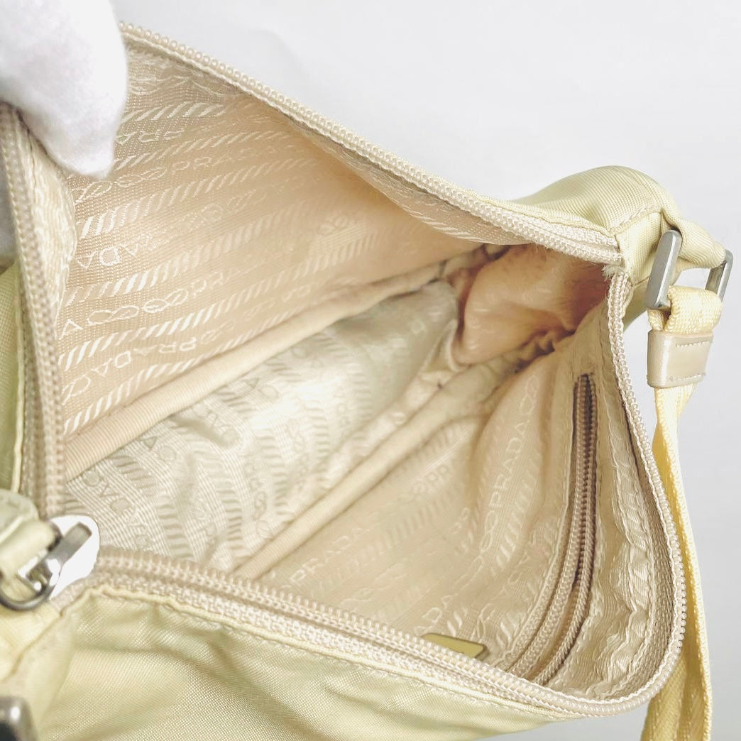 Prada Cream Ivory Tessuto Monogram Logo Nylon Hobo Baguette Pochette Shoulder Bag