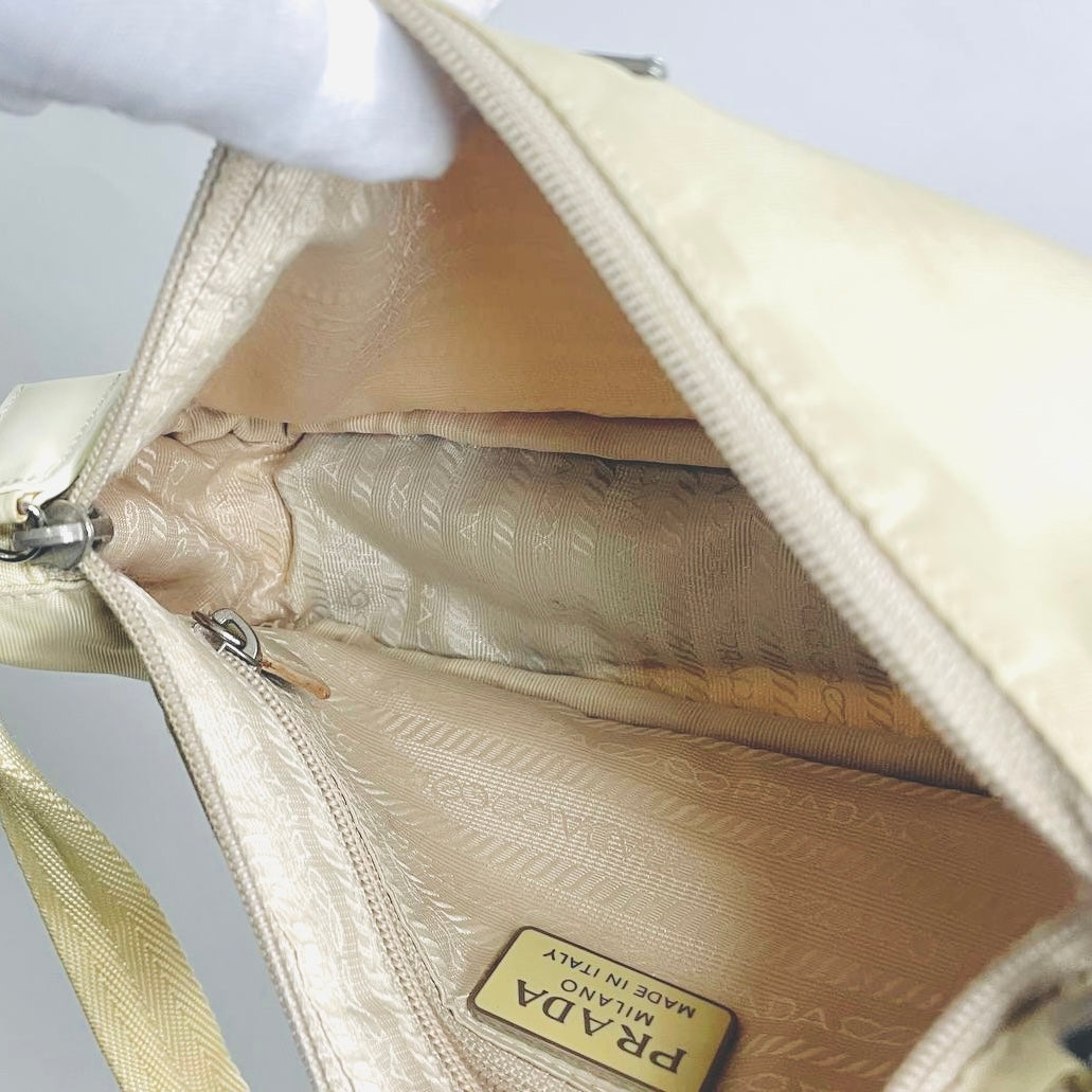 Prada Cream Ivory Tessuto Monogram Logo Nylon Hobo Baguette Pochette Shoulder Bag