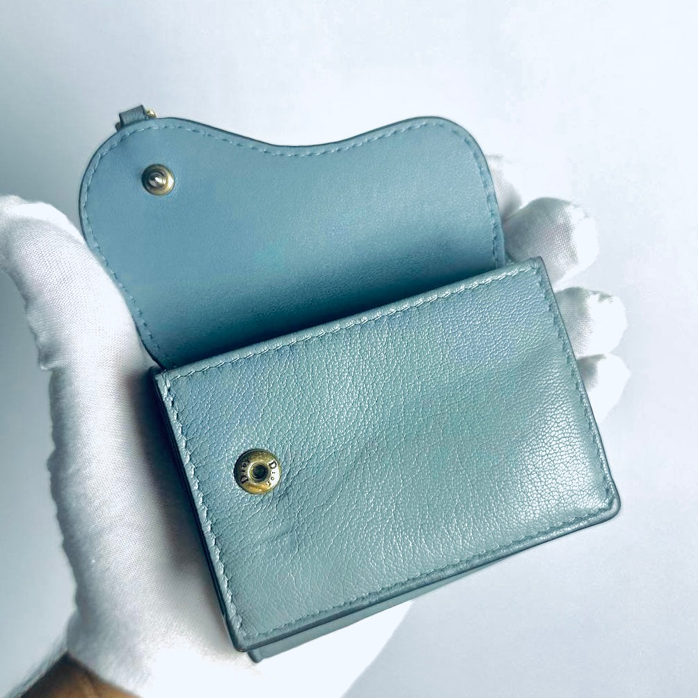 Christian Dior CD Cloud Grey Blue GHW Saddle Lotus Oblique Monogram Logo Flap Compact Trifold Wallet