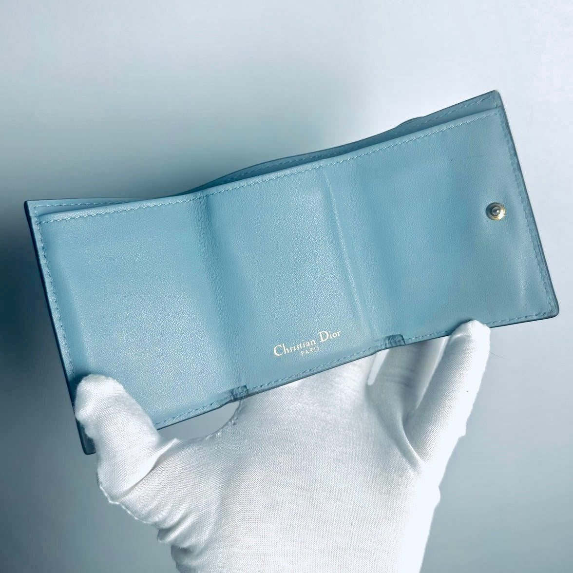 Christian Dior CD Cloud Grey Blue GHW Saddle Lotus Oblique Monogram Logo Flap Compact Trifold Wallet