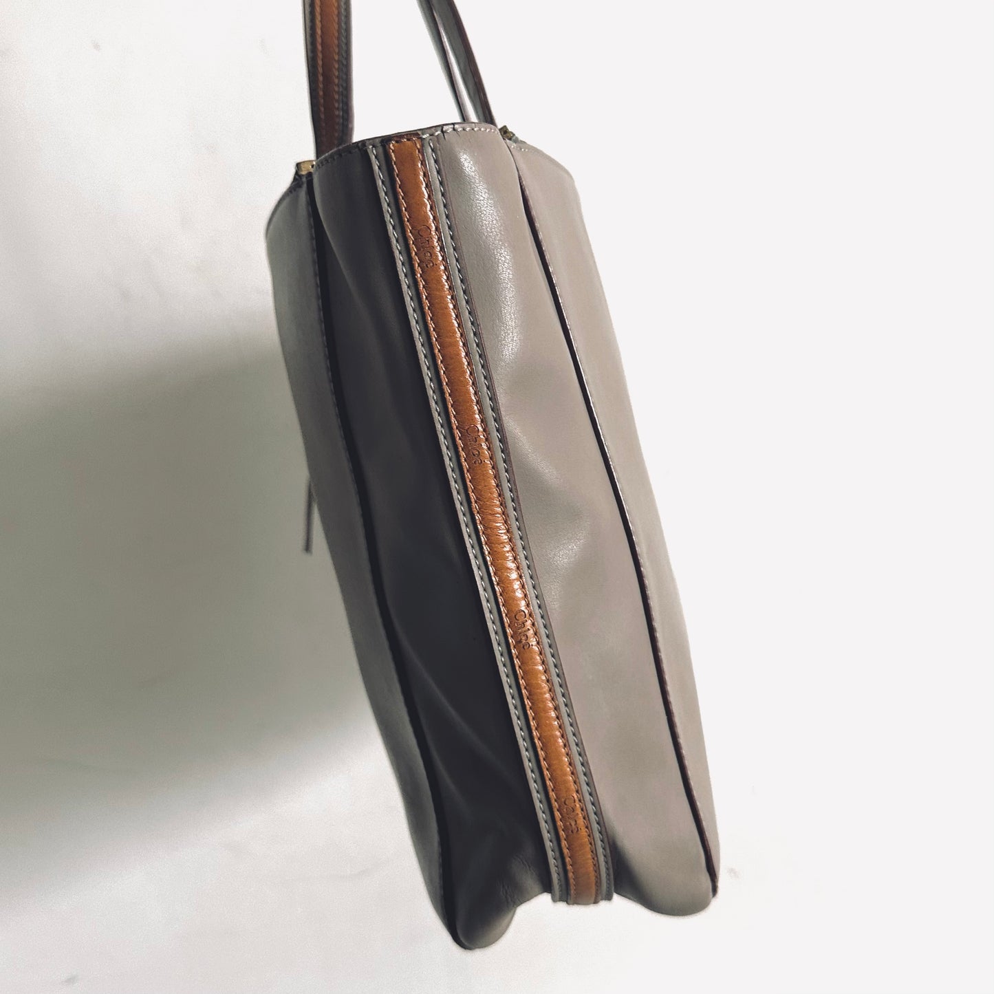 Chloe Sam Taupe Monogram Logo Smooth Leather Shoulder Shopper Tote Bag With Pouch