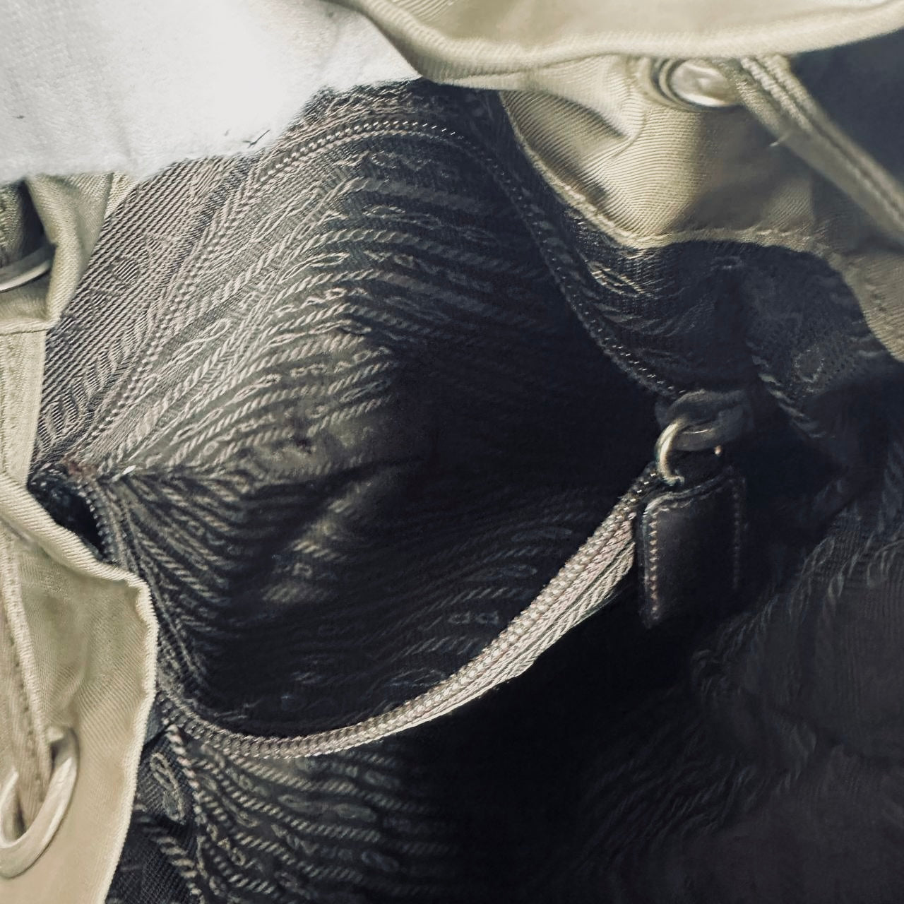 Prada Khaki Classic Logo Nylon & Leather Backpack Drawstring Bag