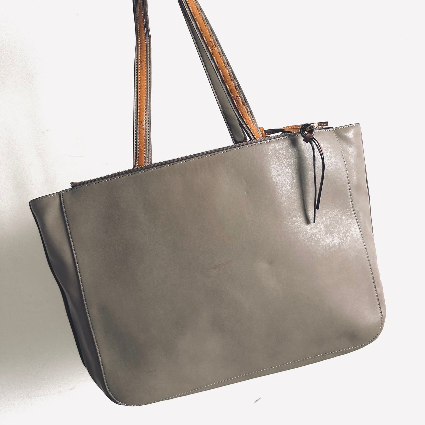 Chloe Sam Taupe Monogram Logo Smooth Leather Shoulder Shopper Tote Bag With Pouch