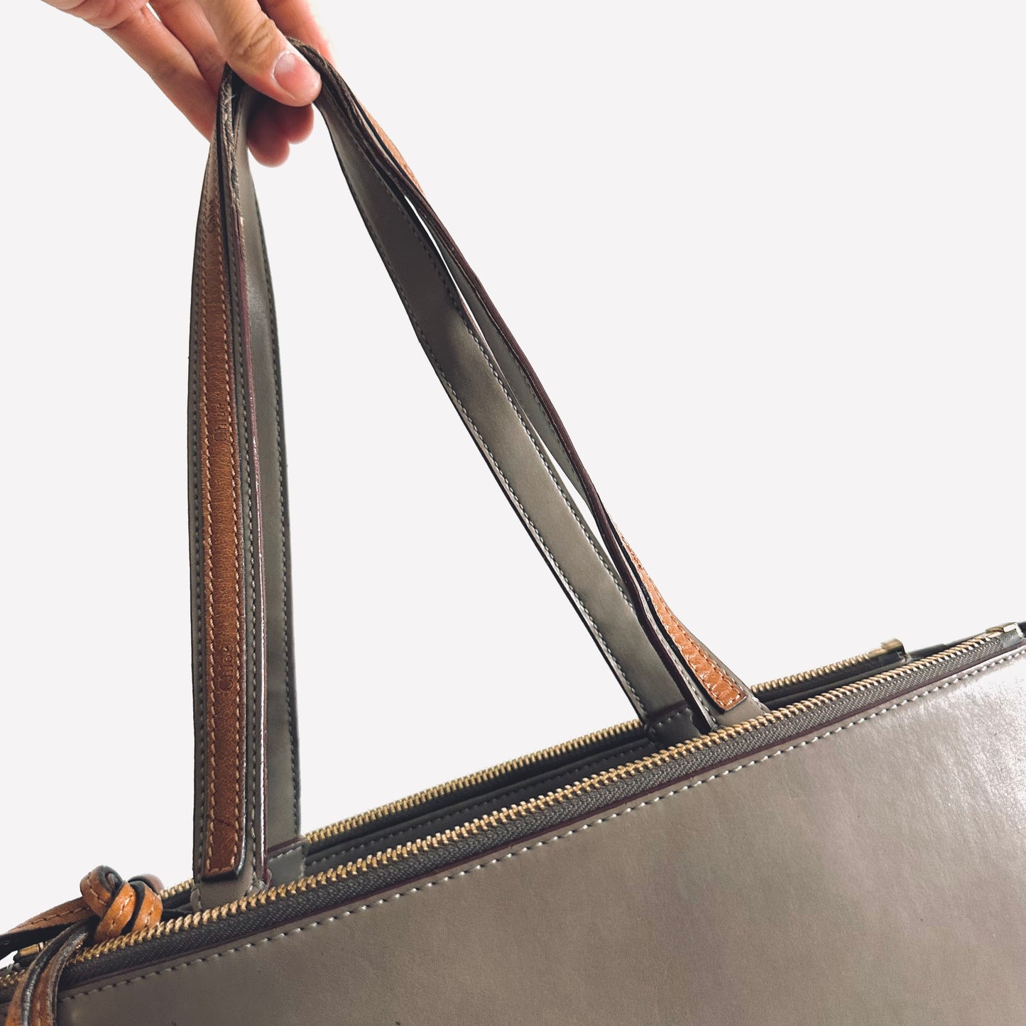 Chloe Sam Taupe Monogram Logo Smooth Leather Shoulder Shopper Tote Bag With Pouch