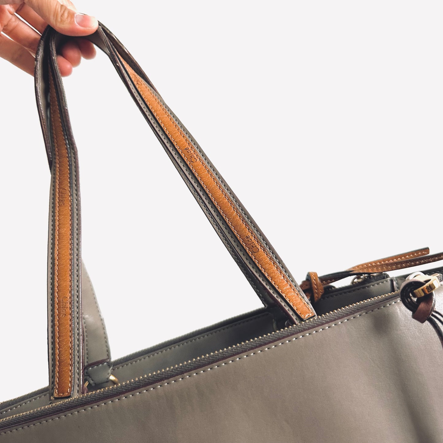 Chloe Sam Taupe Monogram Logo Smooth Leather Shoulder Shopper Tote Bag With Pouch