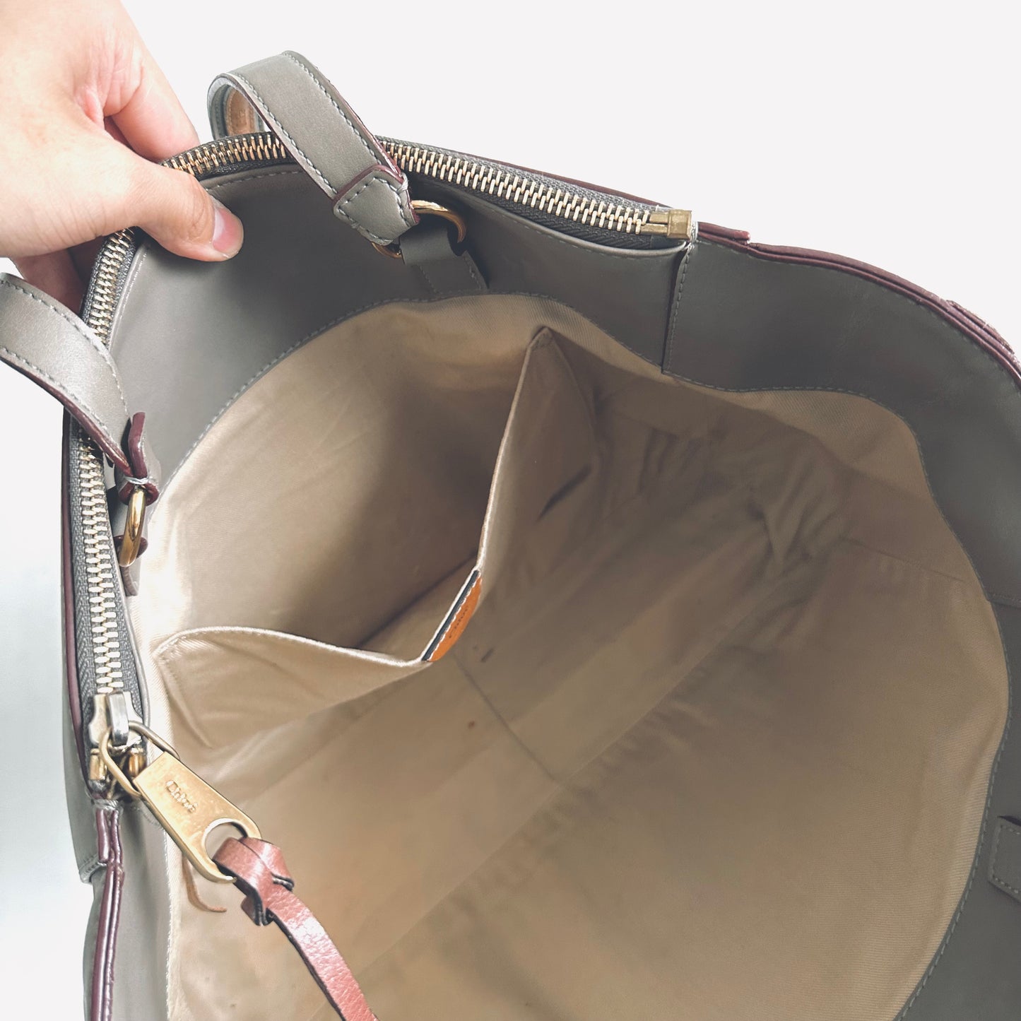 Chloe Sam Taupe Monogram Logo Smooth Leather Shoulder Shopper Tote Bag With Pouch