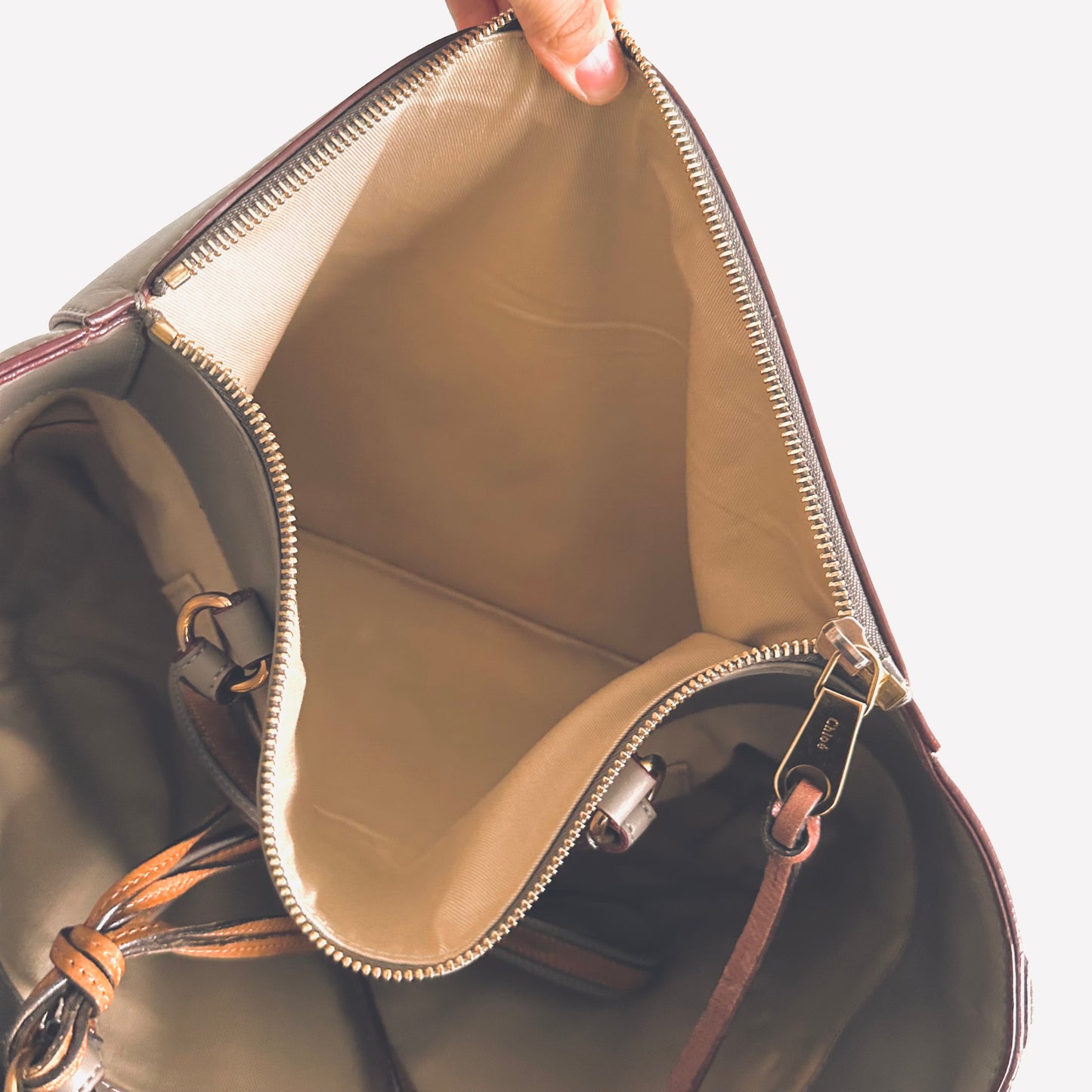 Chloe Sam Taupe Monogram Logo Smooth Leather Shoulder Shopper Tote Bag With Pouch