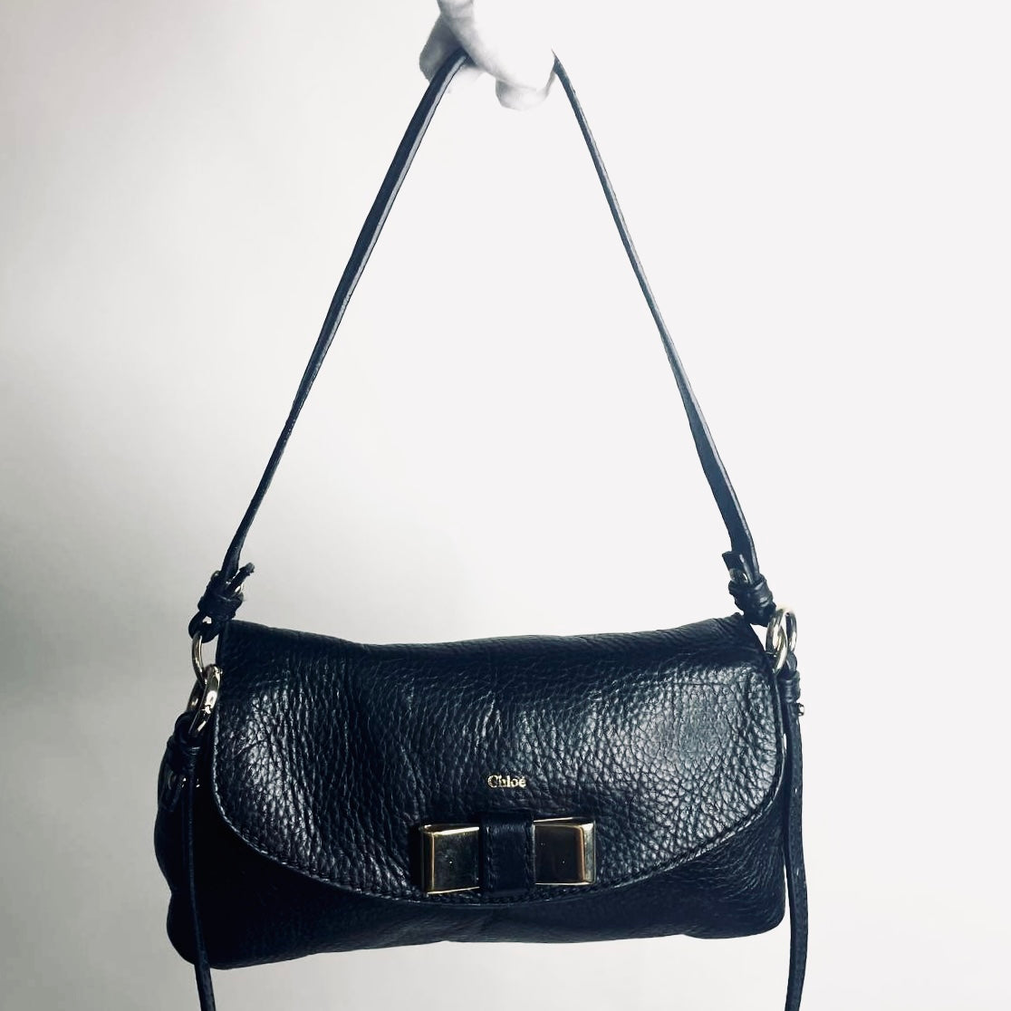 Chloe Lily Black GHW Bow Monogram Logo Pebbled Leather Top Handle Flap Shoulder Sling Bag