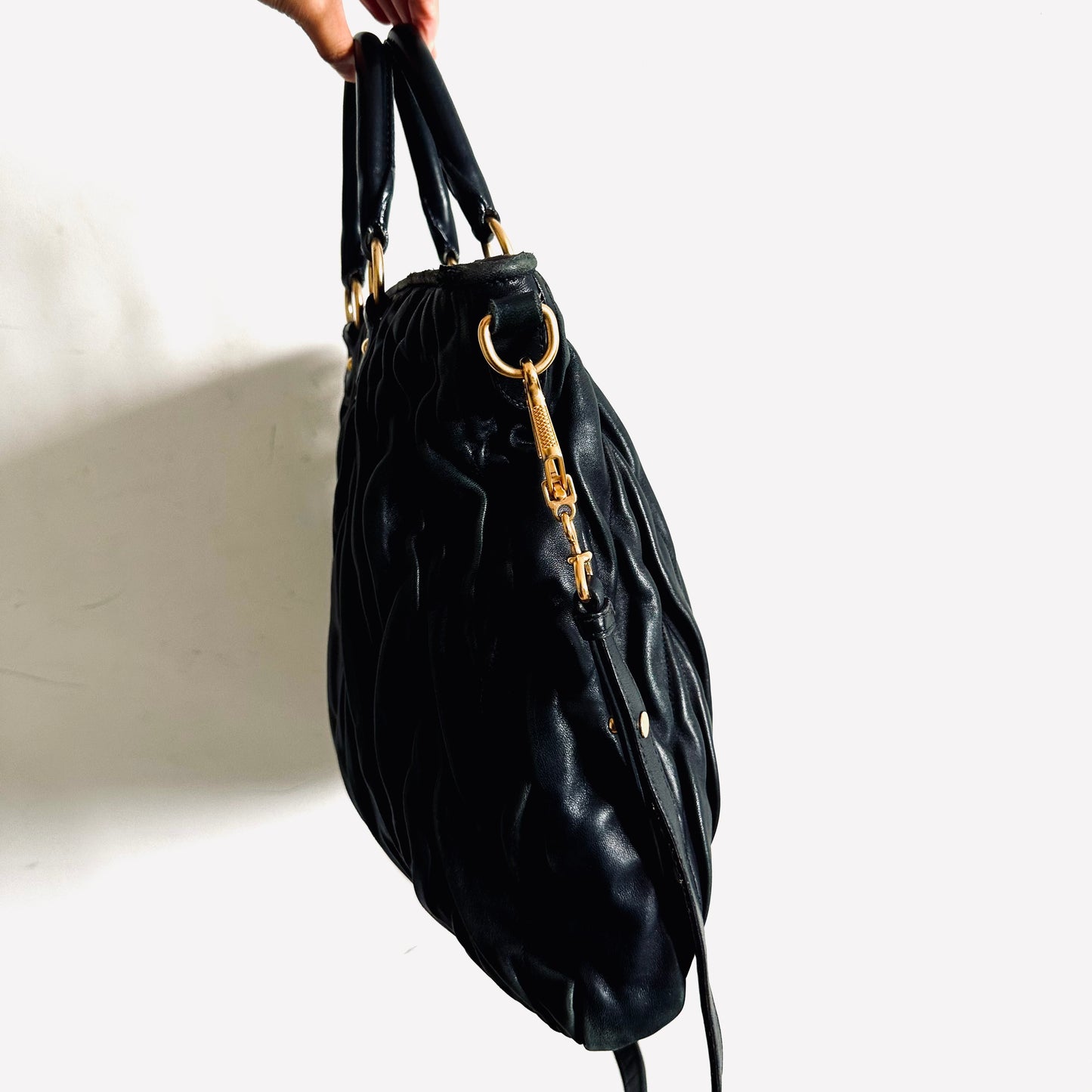 Miu Miu Black GHW Gaufre Matelasse Lux Gathered Leather Classic Logo 2-Way Bauletto Shopper Shoulder Sling Tote Bag