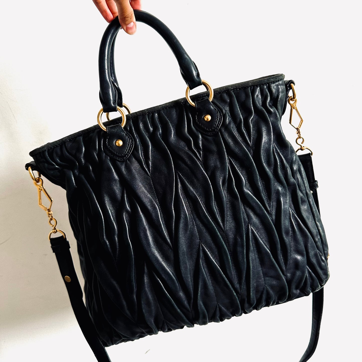 Miu Miu Black GHW Gaufre Matelasse Lux Gathered Leather Classic Logo 2-Way Bauletto Shopper Shoulder Sling Tote Bag