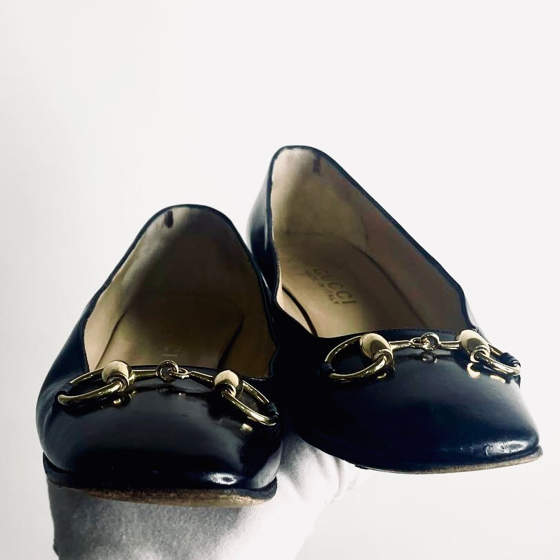 Gucci Black GHW Horsebit Monogram Logo Patent Leather Loafers Heels Pumps Shoes