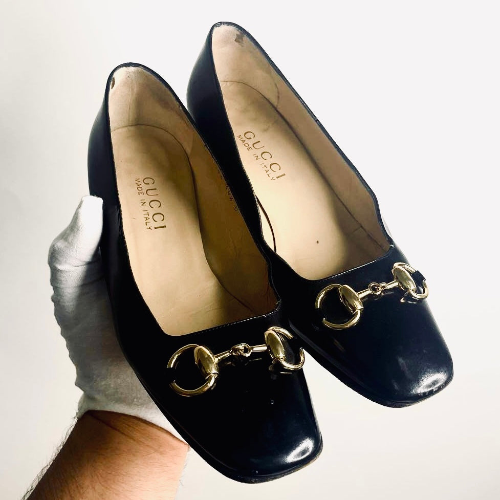Gucci Black GHW Horsebit Monogram Logo Patent Leather Loafers Heels Pumps Shoes