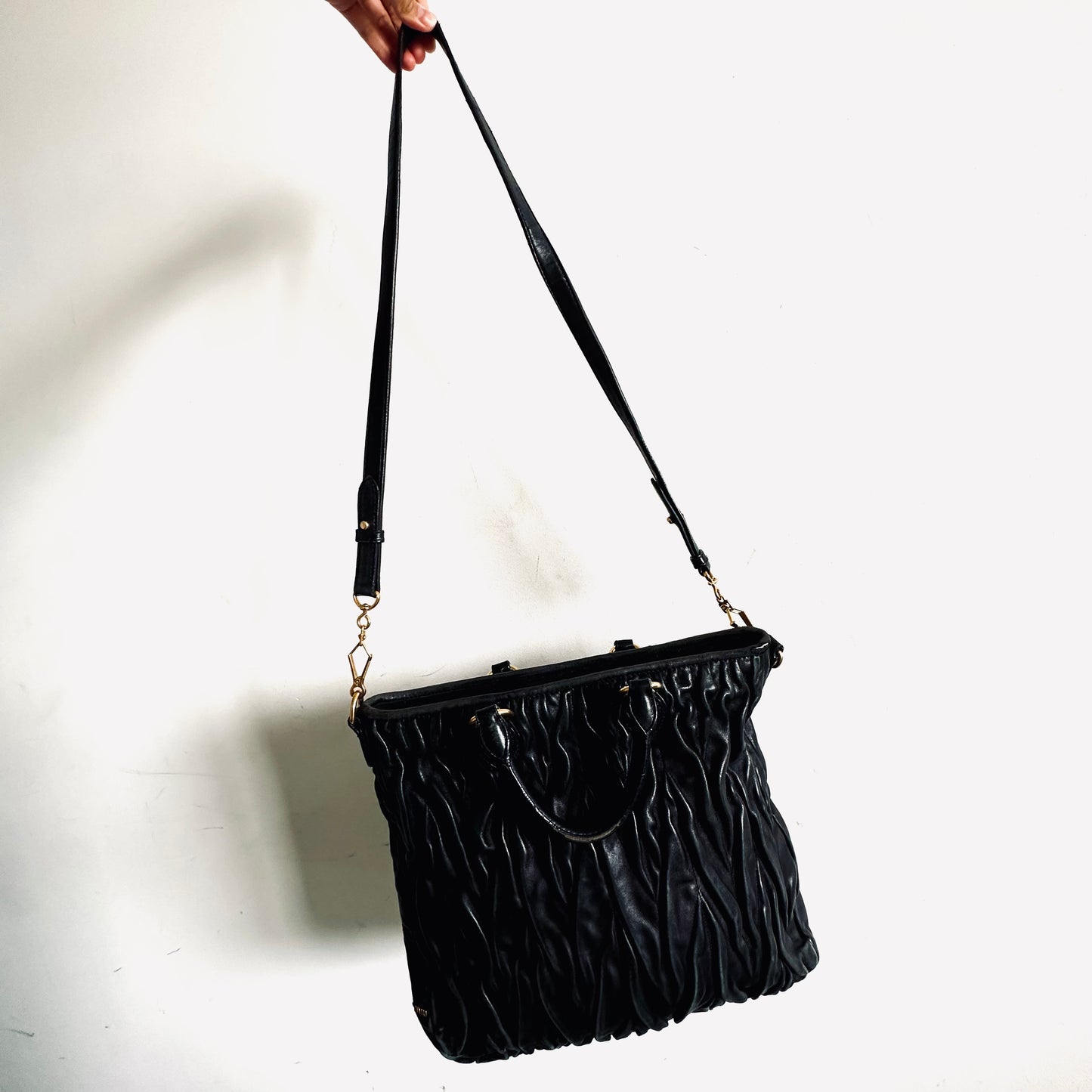 Miu Miu Black GHW Gaufre Matelasse Lux Gathered Leather Classic Logo 2-Way Bauletto Shopper Shoulder Sling Tote Bag
