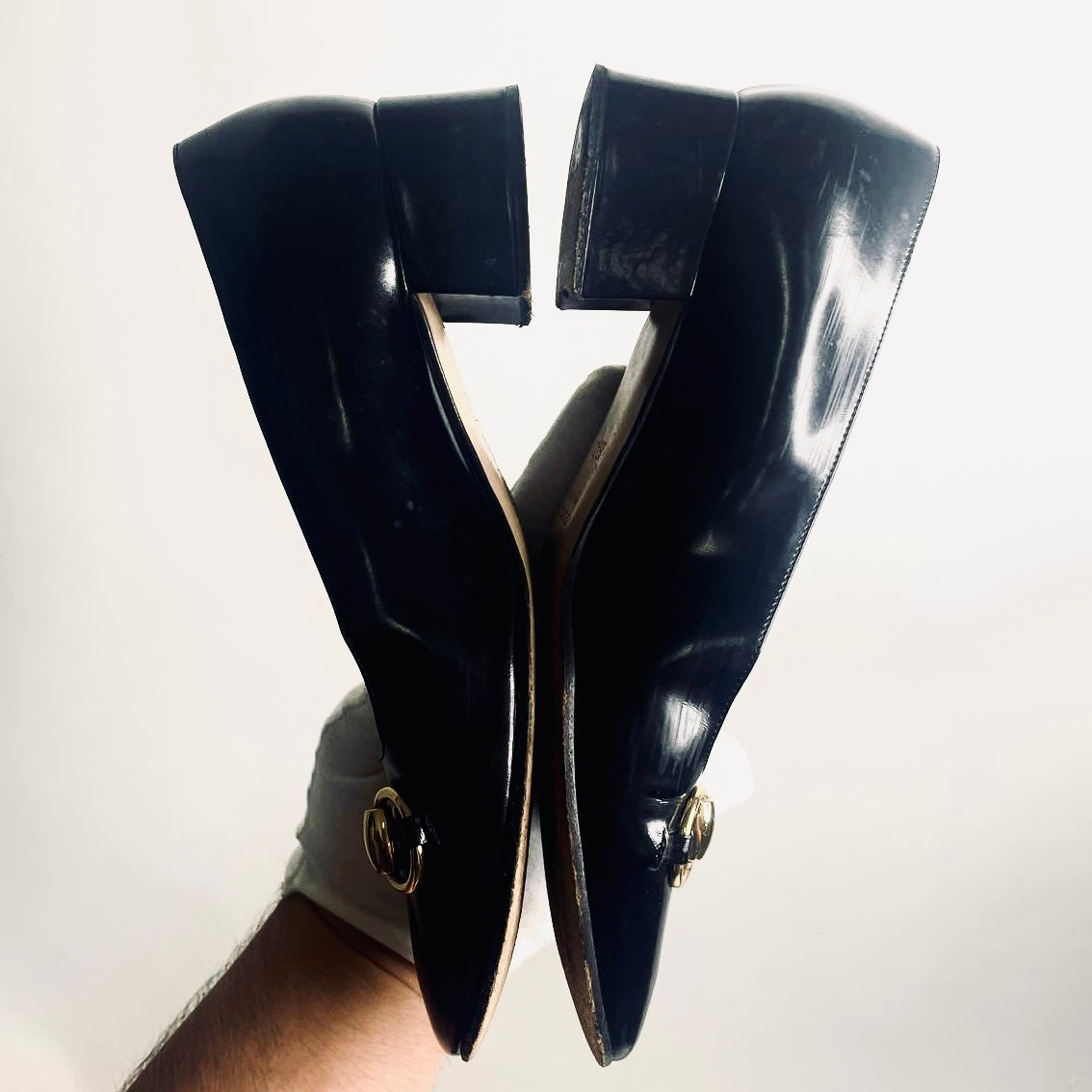 Gucci Black GHW Horsebit Monogram Logo Patent Leather Loafers Heels Pumps Shoes