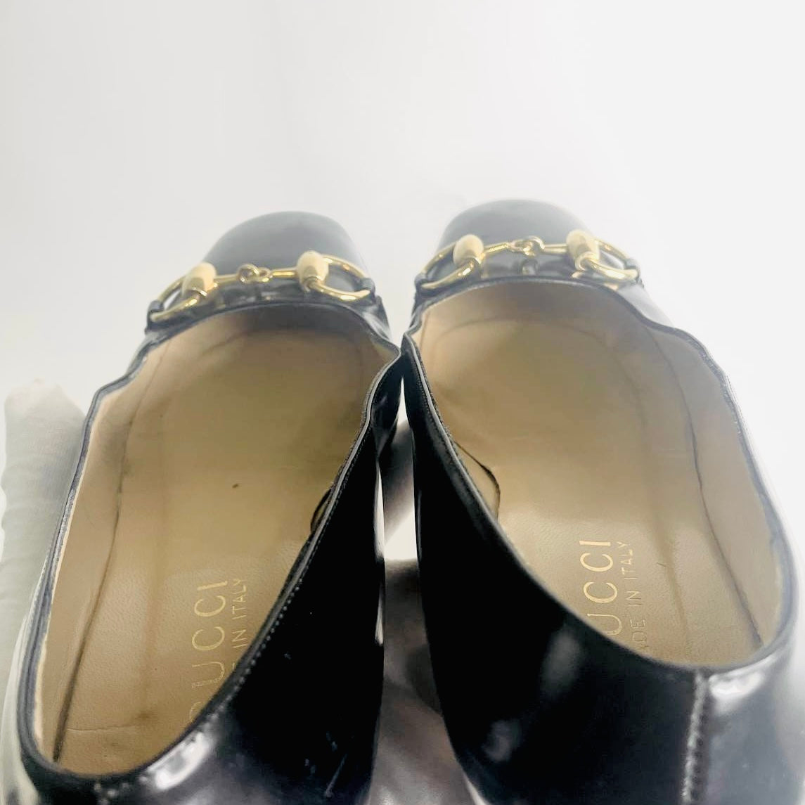 Gucci Black GHW Horsebit Monogram Logo Patent Leather Loafers Heels Pumps Shoes