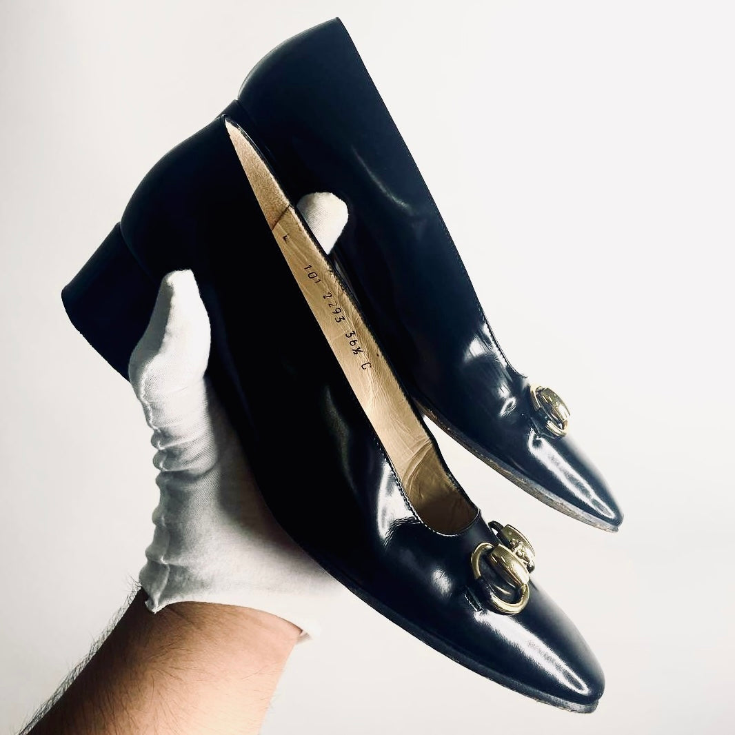 Gucci Black GHW Horsebit Monogram Logo Patent Leather Loafers Heels Pumps Shoes