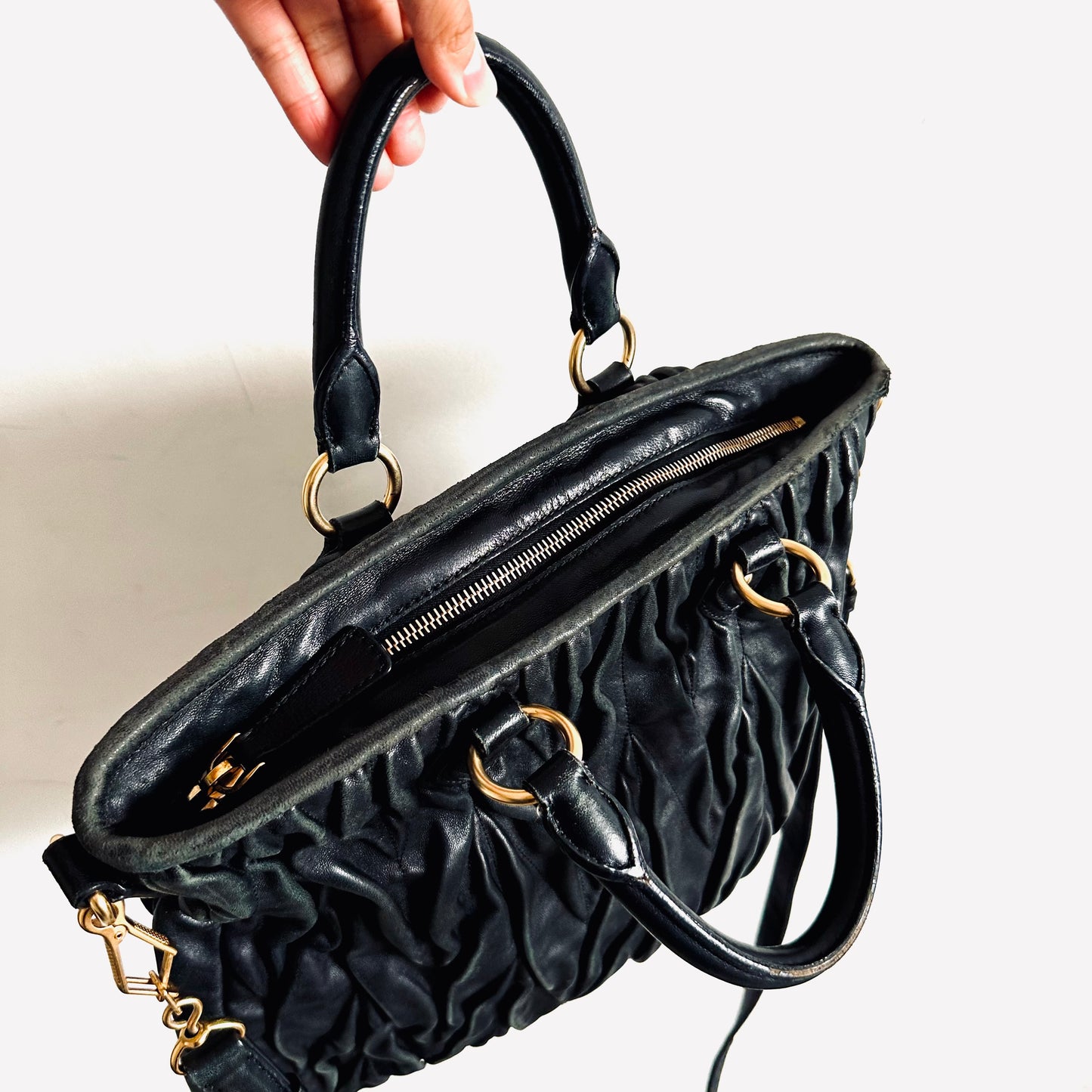 Miu Miu Black GHW Gaufre Matelasse Lux Gathered Leather Classic Logo 2-Way Bauletto Shopper Shoulder Sling Tote Bag
