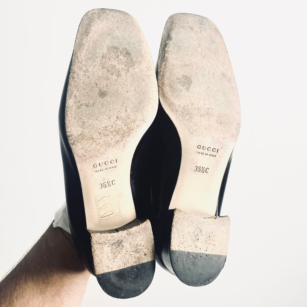 Gucci Black GHW Horsebit Monogram Logo Patent Leather Loafers Heels Pumps Shoes