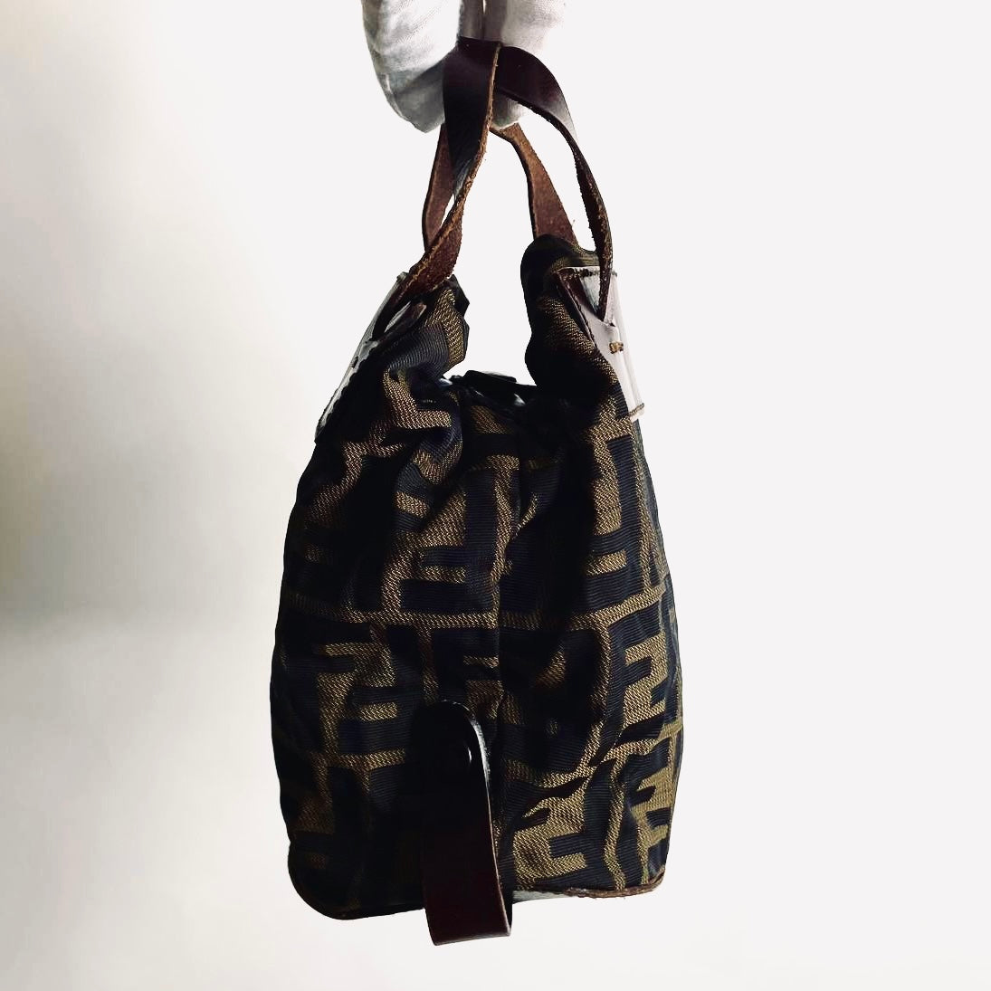 Fendi Brown Zucca FF Monogram Logo Mini Bucket Packable Shopper Tote Bag