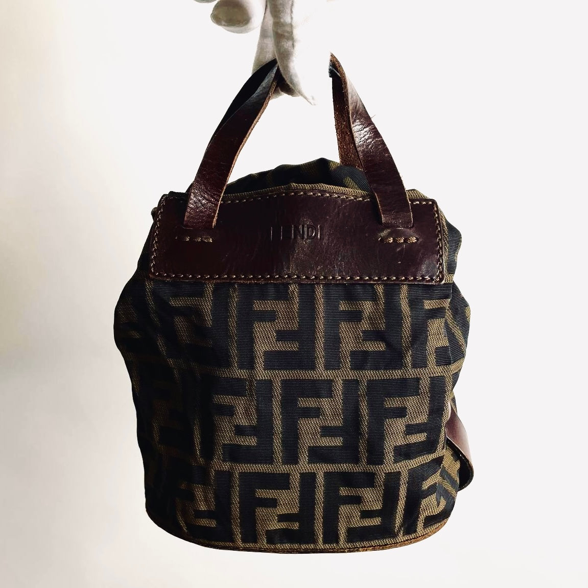 Fendi Brown Zucca FF Monogram Logo Mini Bucket Packable Shopper Tote Bag