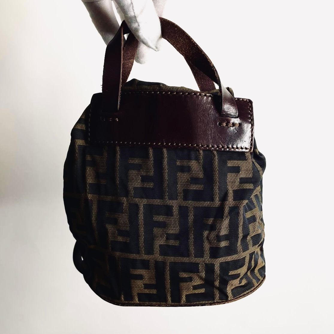Fendi Brown Zucca FF Monogram Logo Mini Bucket Packable Shopper Tote Bag