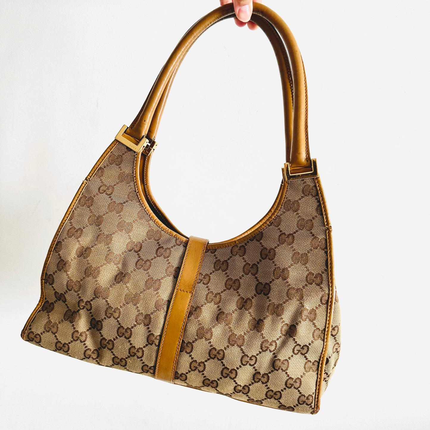 Gucci Beige / Caramel Brown GHW Jackie GG Monogram Logo Baguette Hobo Shoulder Bag