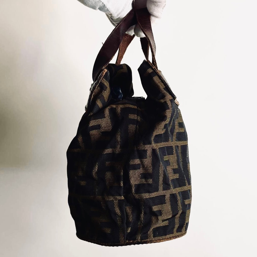 Fendi Brown Zucca FF Monogram Logo Mini Bucket Packable Shopper Tote Bag
