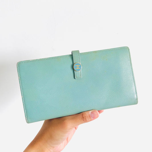 Chanel Tiffany Blue GHW CC Logo Grained Calfskin Leather Vintage Bifold Flap Long Wallet 8s