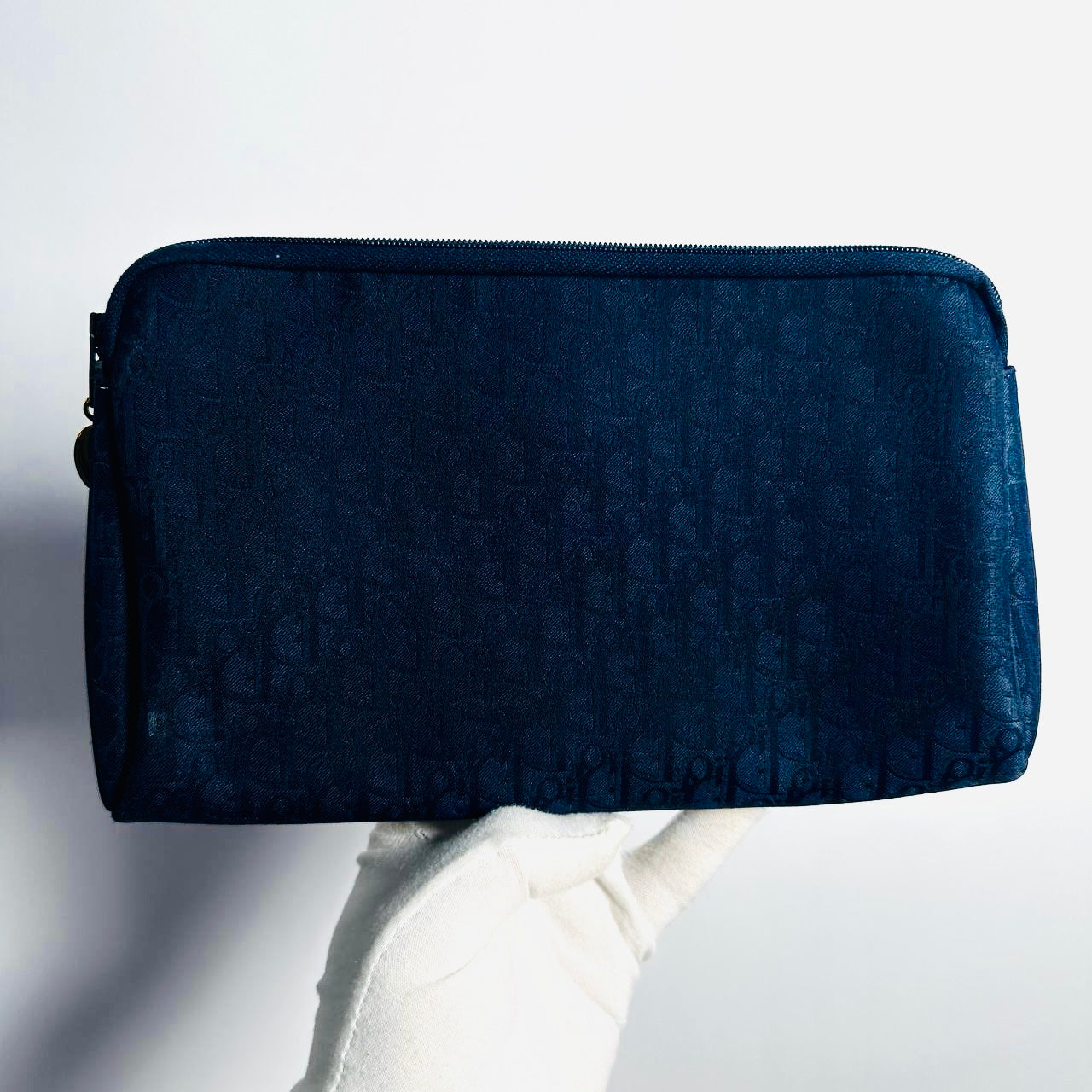 Christian Dior CD Navy Blue GHW Oblique Monogram Logo Clutch Case Pouch
