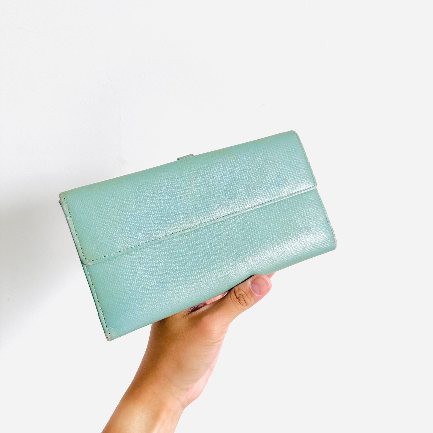 Chanel Tiffany Blue GHW CC Logo Grained Calfskin Leather Vintage Bifold Flap Long Wallet 8s