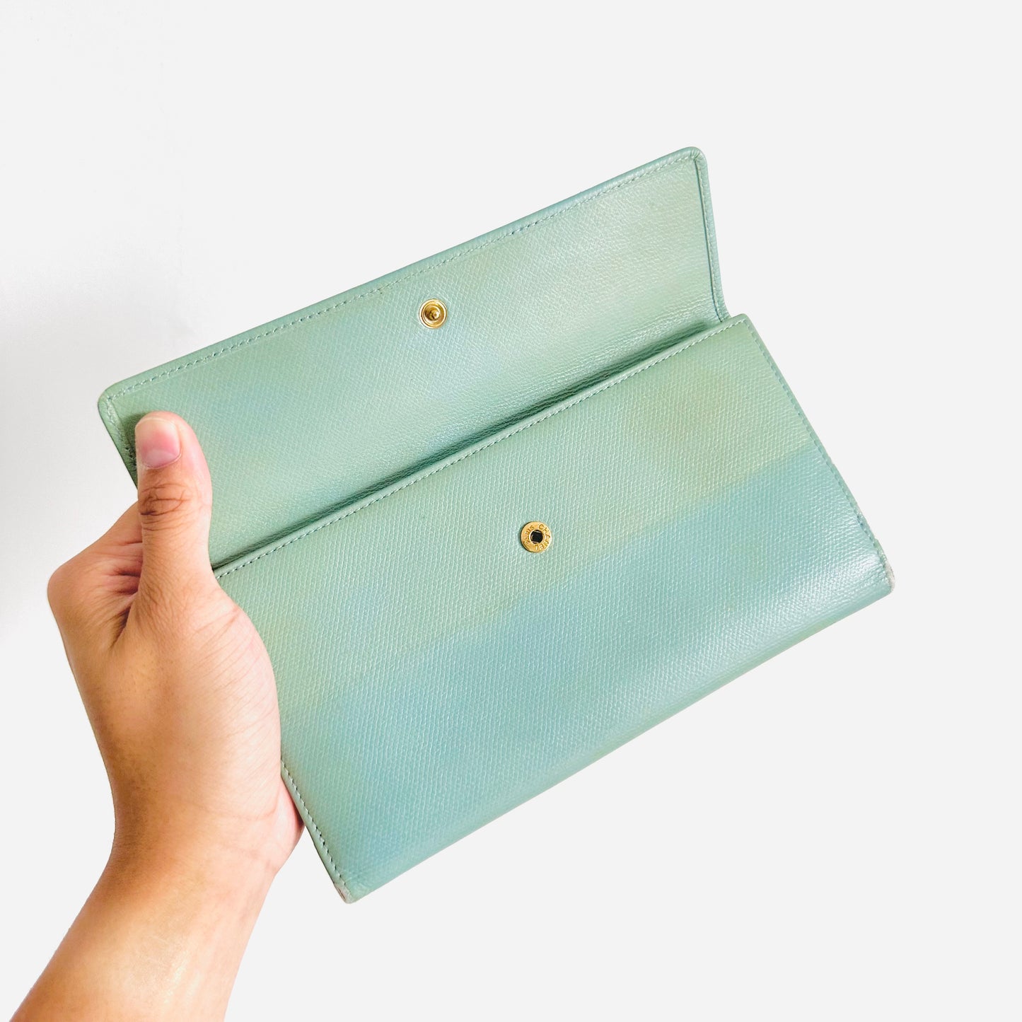 Chanel Tiffany Blue GHW CC Logo Grained Calfskin Leather Vintage Bifold Flap Long Wallet 8s