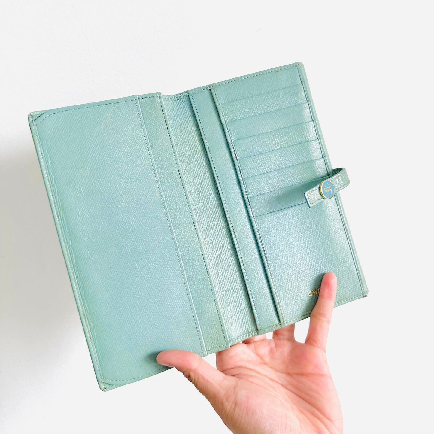 Chanel Tiffany Blue GHW CC Logo Grained Calfskin Leather Vintage Bifold Flap Long Wallet 8s