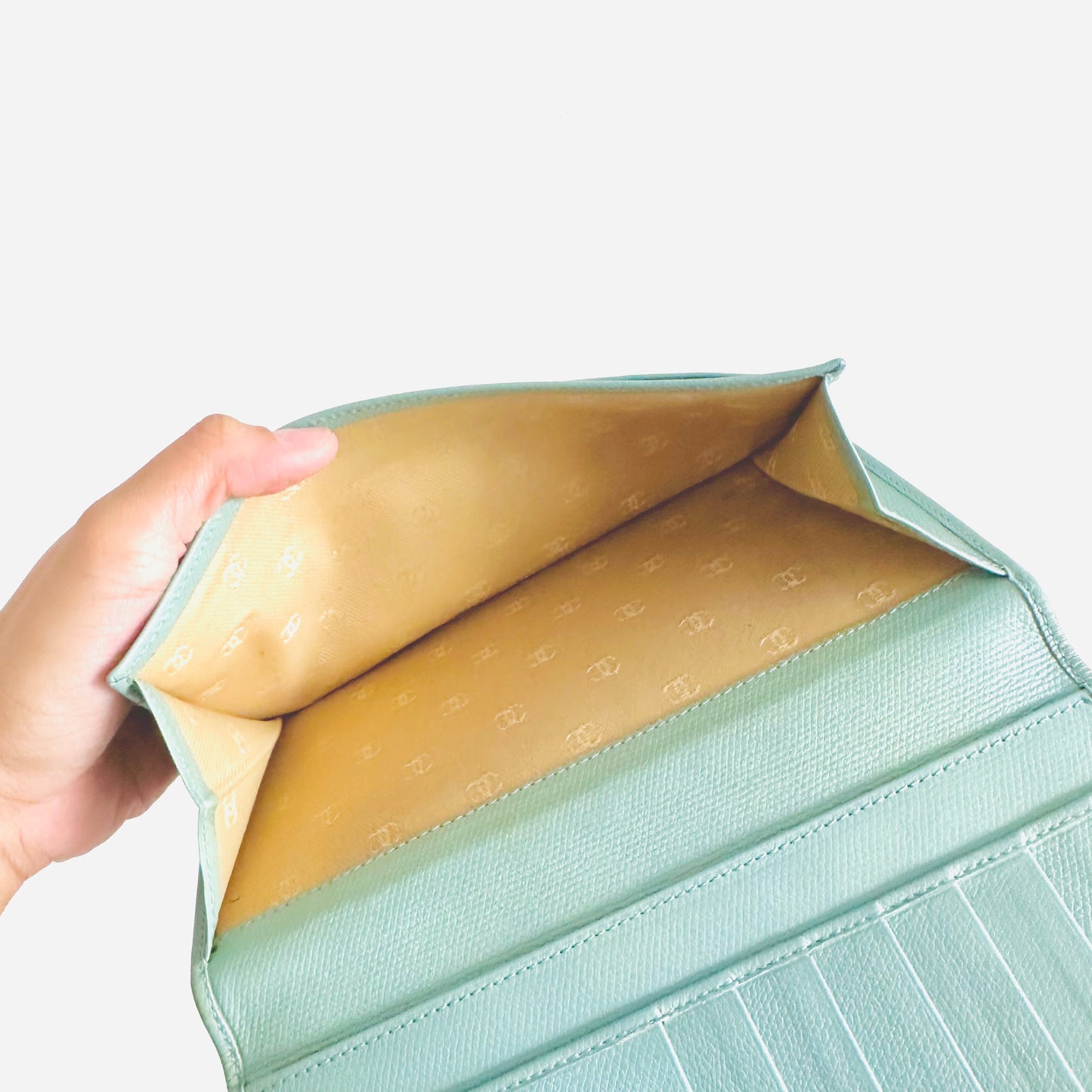 Chanel Tiffany Blue GHW CC Logo Grained Calfskin Leather Vintage Bifold Flap Long Wallet 8s