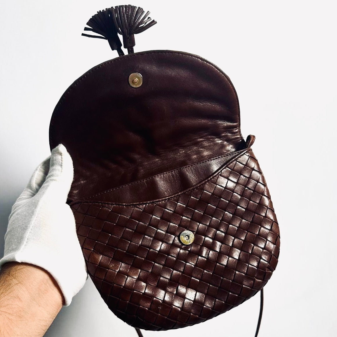 Bottega Veneta BV Dark Brown GHW Intrecciato Nappa Woven Leather Tassel Flap Mini Shoulder Sling Vintage Bag