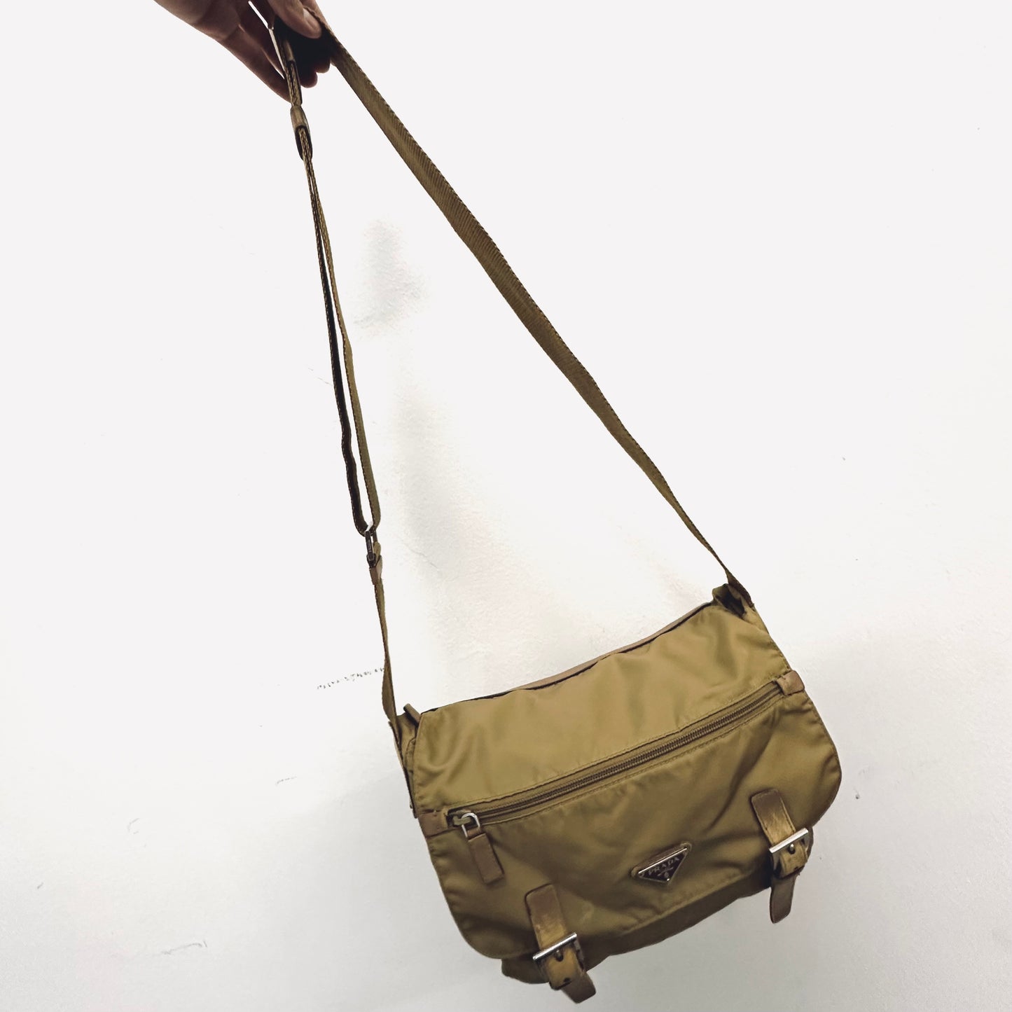 Prada Taupe Tessuto Classic Monogram Logo Nylon & Leather Flap Shoulder Sling Bag