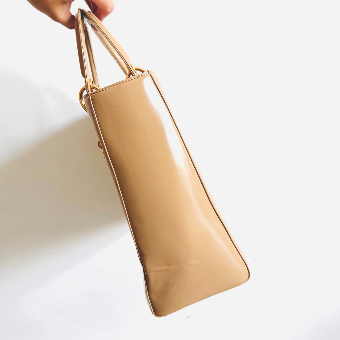 Christian Dior CD Beige GHW Large Lady Dior Patent Leather Shoulder Sling Top Handle Vintage Bag