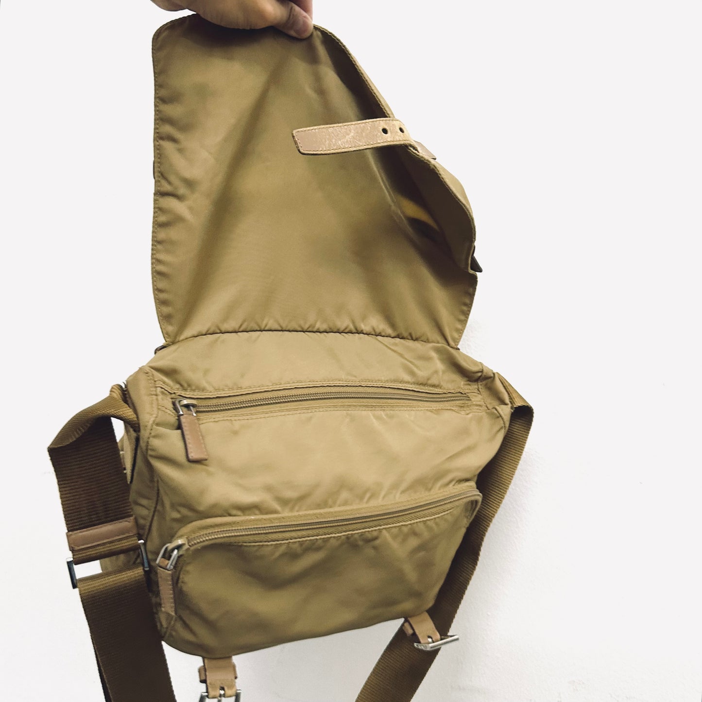 Prada Taupe Tessuto Classic Monogram Logo Nylon & Leather Flap Shoulder Sling Bag