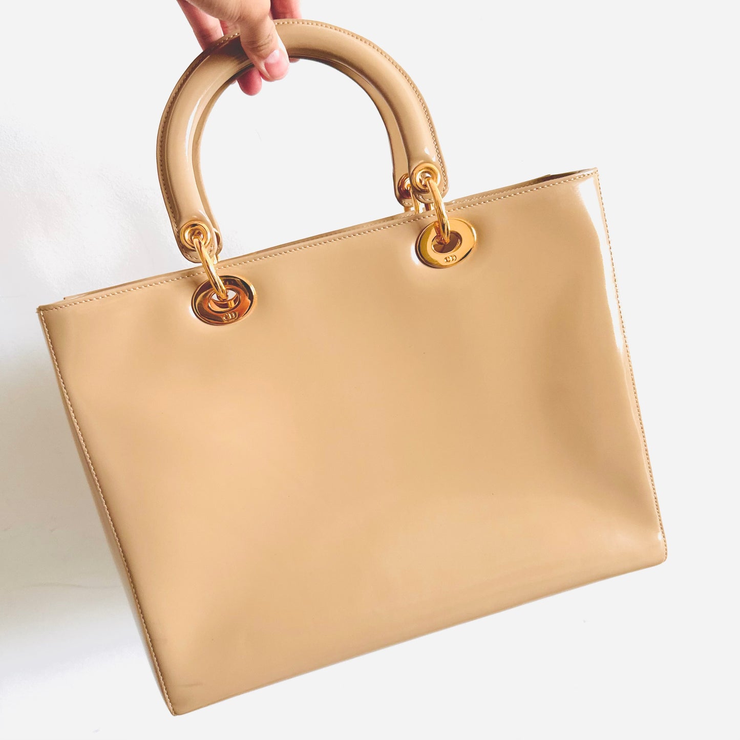 Christian Dior CD Beige GHW Large Lady Dior Patent Leather Shoulder Sling Top Handle Vintage Bag