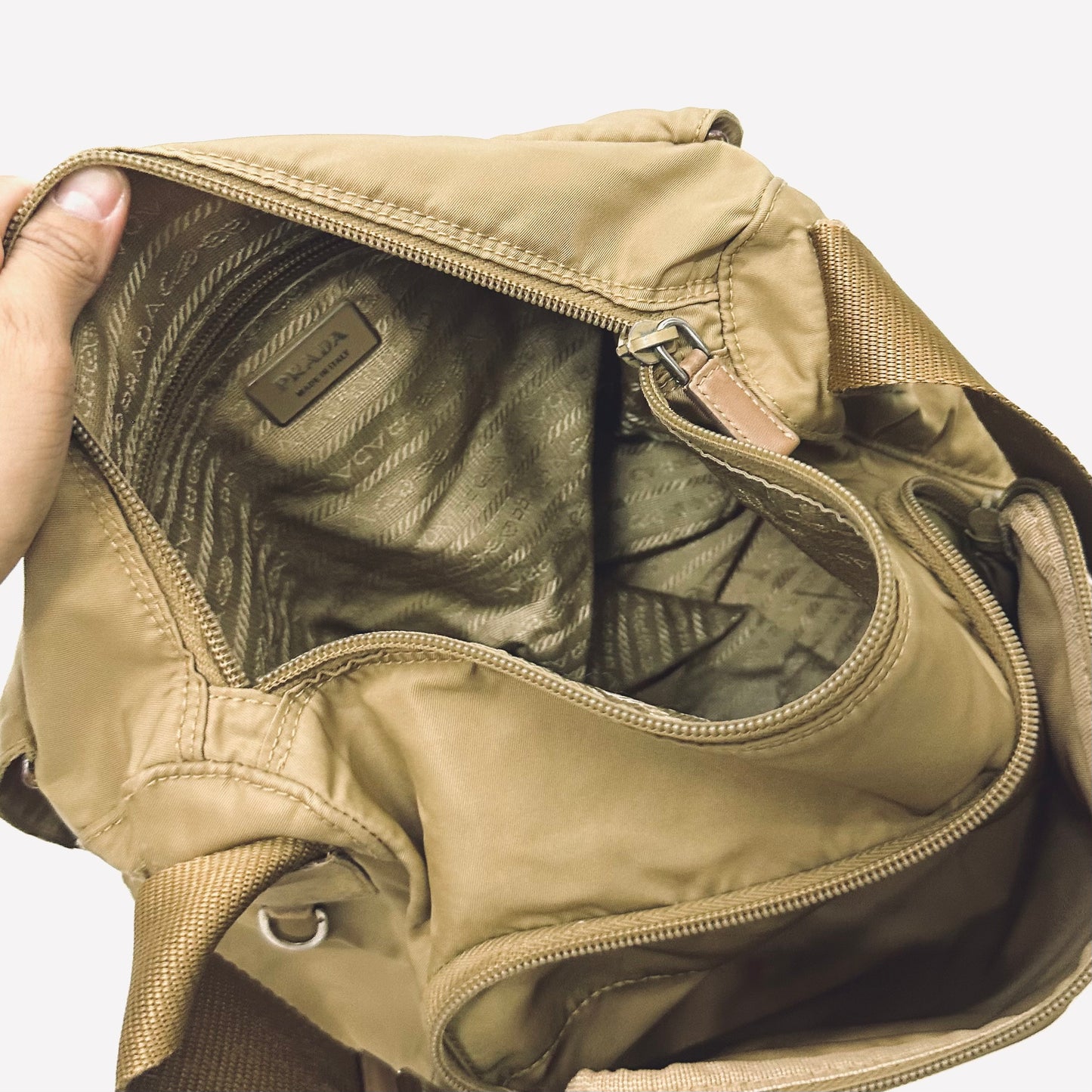 Prada Taupe Tessuto Classic Monogram Logo Nylon & Leather Flap Shoulder Sling Bag