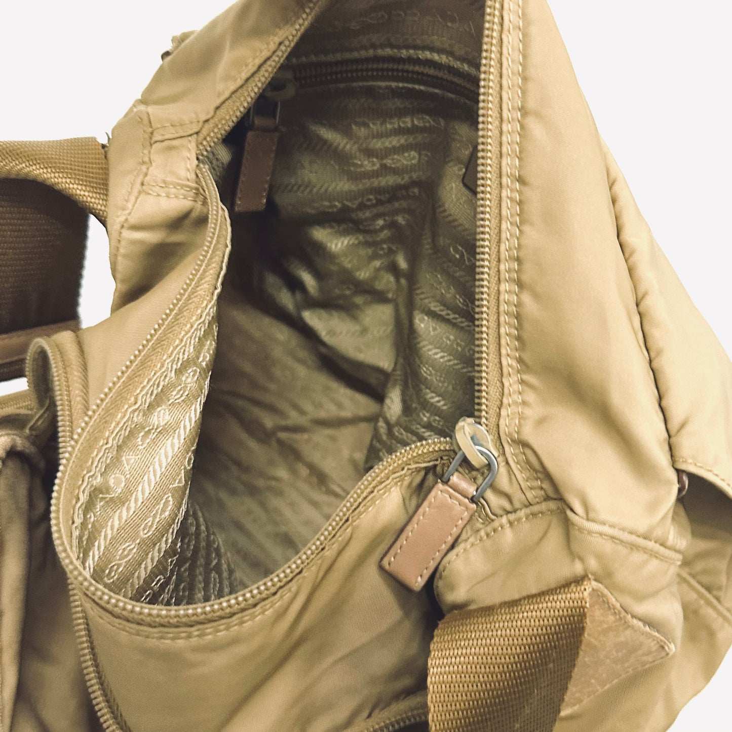 Prada Taupe Tessuto Classic Monogram Logo Nylon & Leather Flap Shoulder Sling Bag